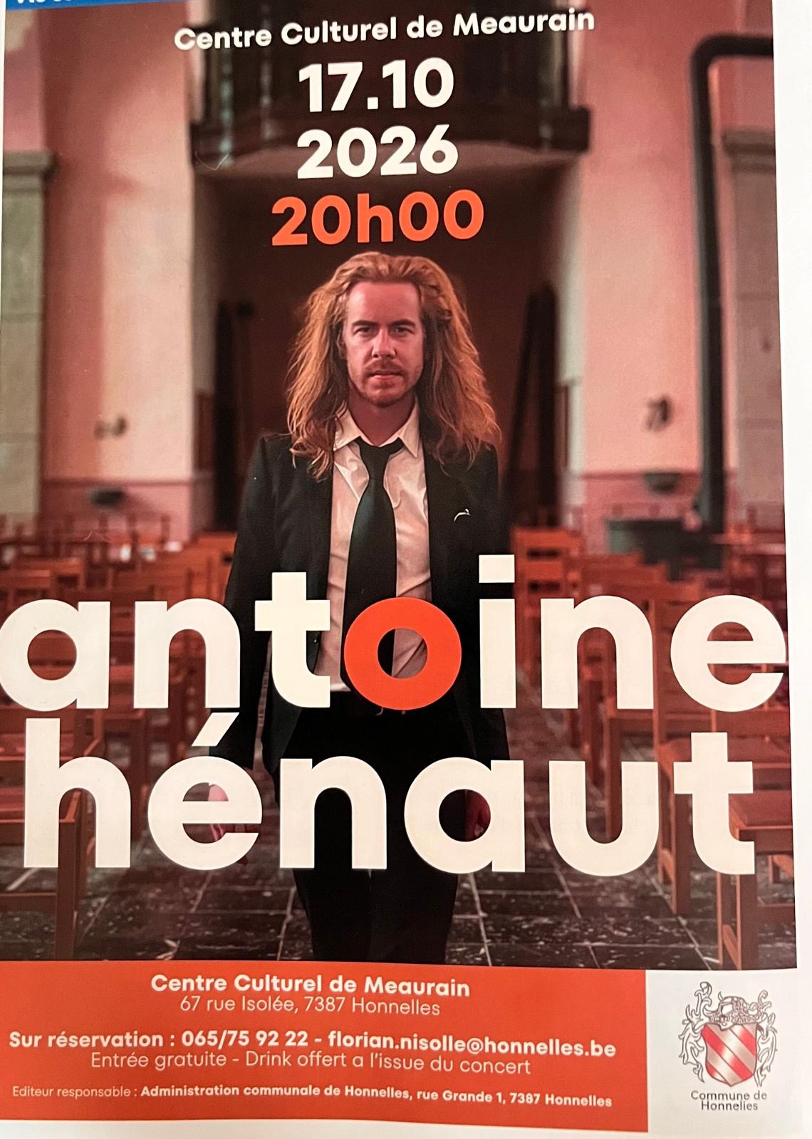 Affiche du concert d’Antoine Hénaut au Centre Culturel de Meaurain le 17 octobre 2026 à 20 heures